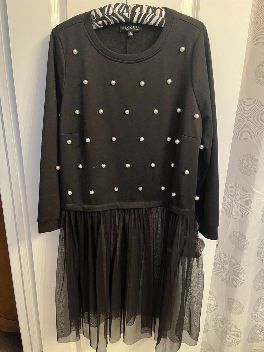Eloquii Black Pearl-Embellished with Tulle Top